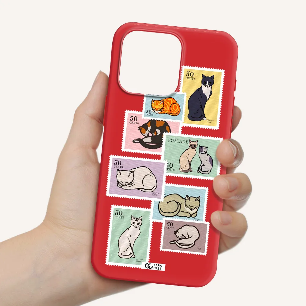 A Collage Of Cats On Stamps Apple Iphone 15 Pro Max Silicone Imperial Red Case