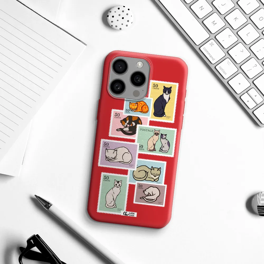 A Collage Of Cats On Stamps Apple Iphone 15 Pro Max Silicone Imperial Red Case