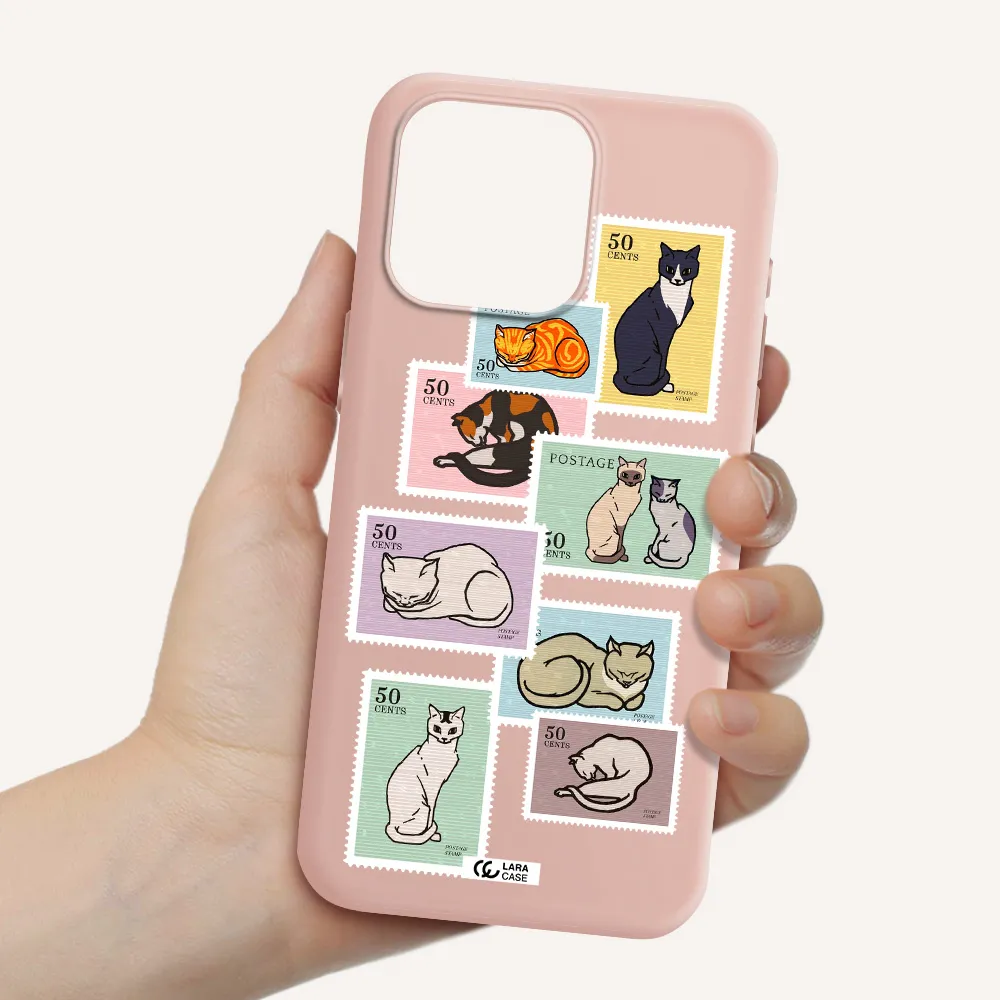 a collage of cats on stamps Apple Iphone 15 Pro max Silicone pastel pink Case