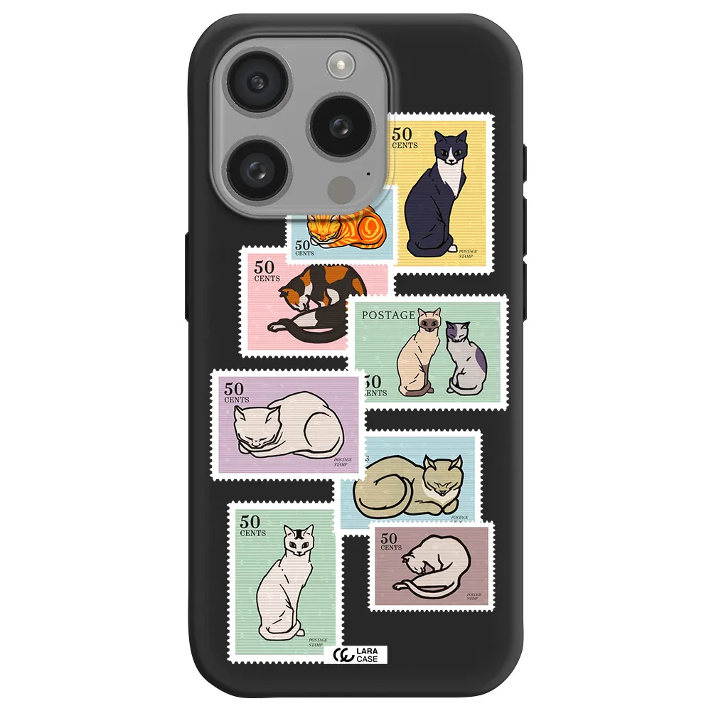 A Collage Of Cats On Stamps Apple Iphone 15 Pro Silicone Black Case