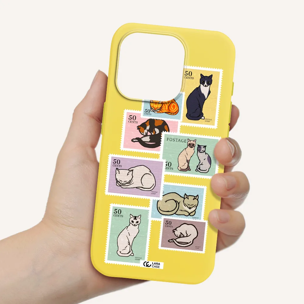 A Collage Of Cats On Stamps Apple Iphone 15 Pro Silicone Canary Yellow Case