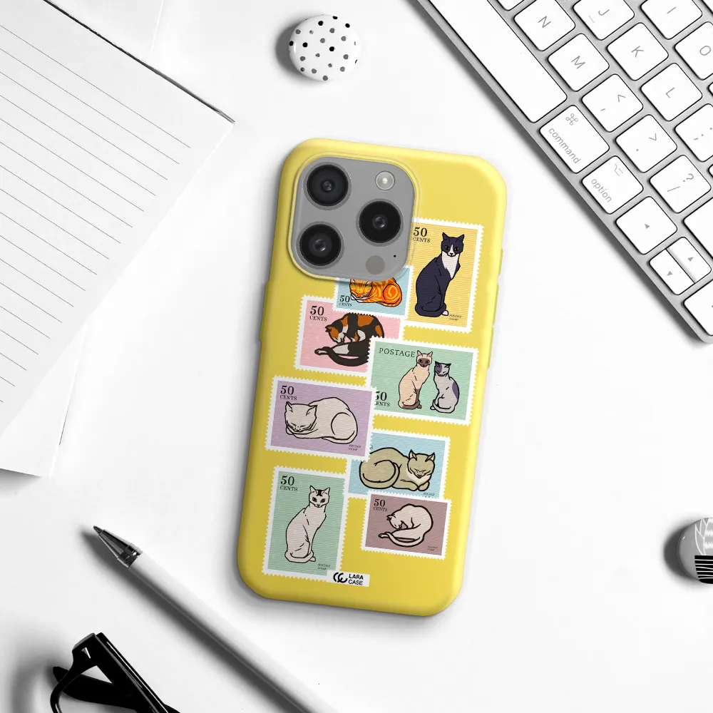 A Collage Of Cats On Stamps Apple Iphone 15 Pro Silicone Canary Yellow Case