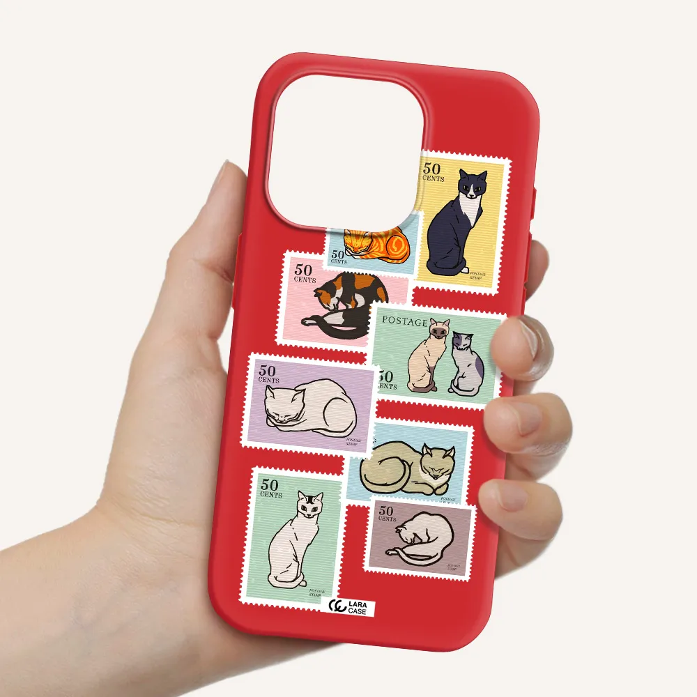 A Collage Of Cats On Stamps Apple Iphone 15 Pro Silicone Imperial Red Case