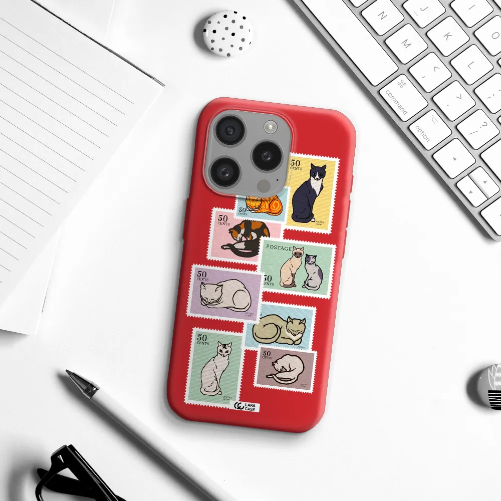 A Collage Of Cats On Stamps Apple Iphone 15 Pro Silicone Imperial Red Case