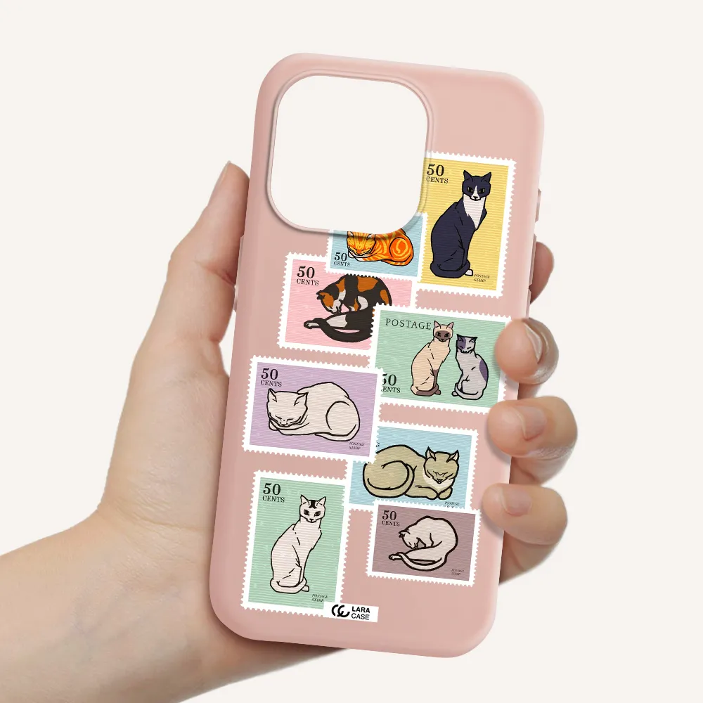A Collage Of Cats On Stamps Apple Iphone 15 Pro Silicone Pastel Pink Case