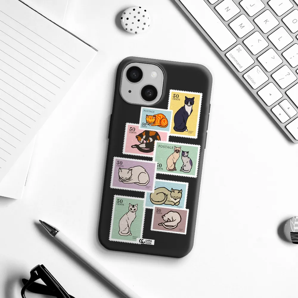 a collage of cats on stamps Apple iPhone 15 Silicone black Case
