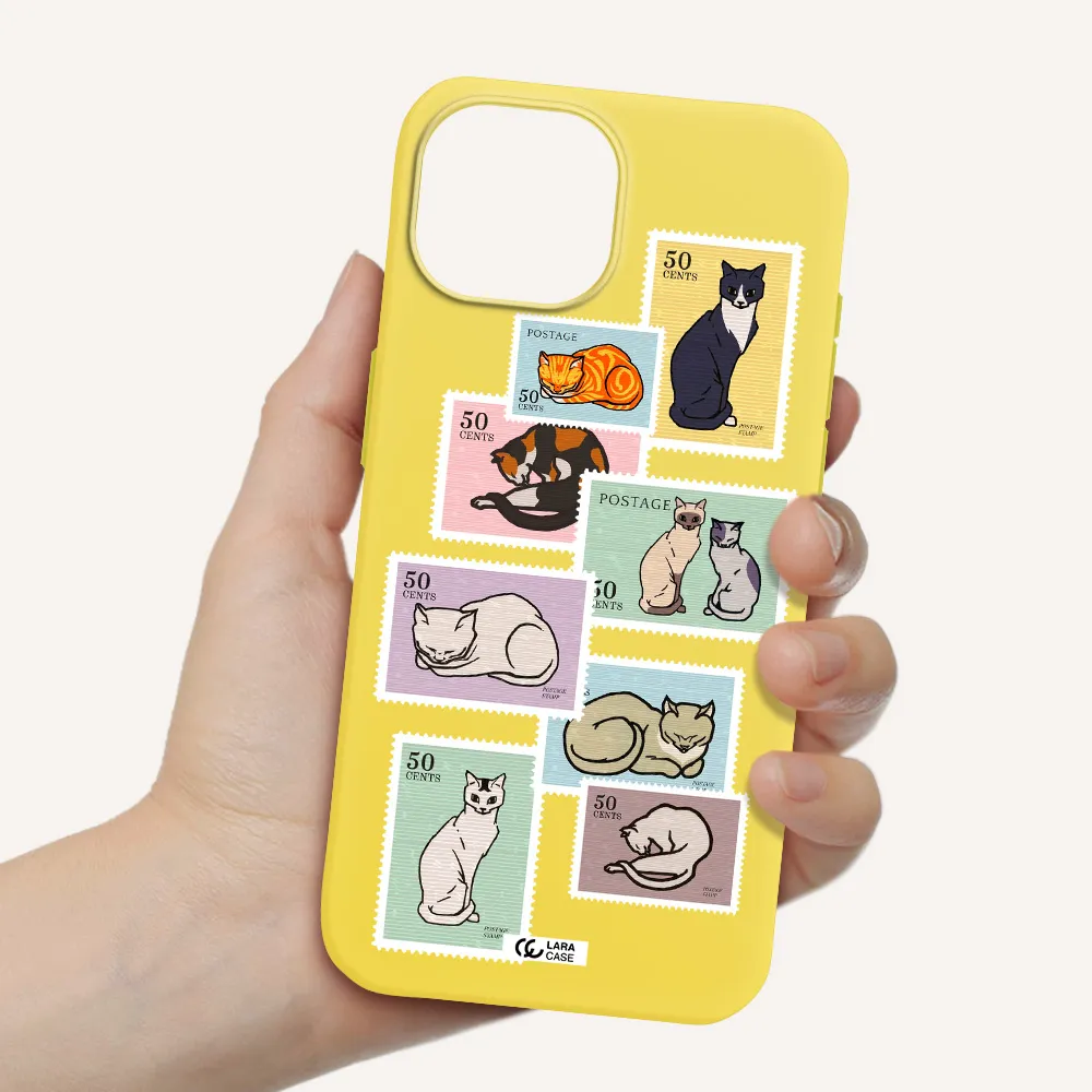 a collage of cats on stamps Apple iPhone 15 Silicone canary yellow Case