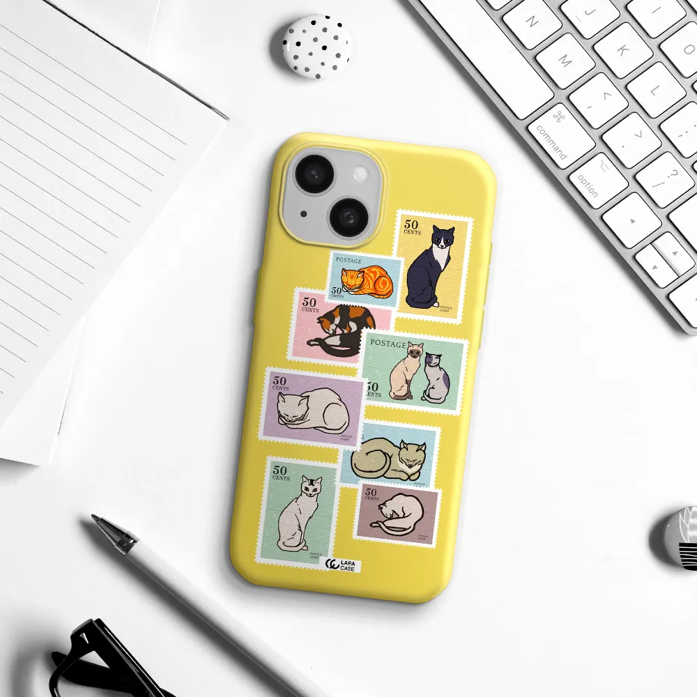 a collage of cats on stamps Apple iPhone 15 Silicone canary yellow Case