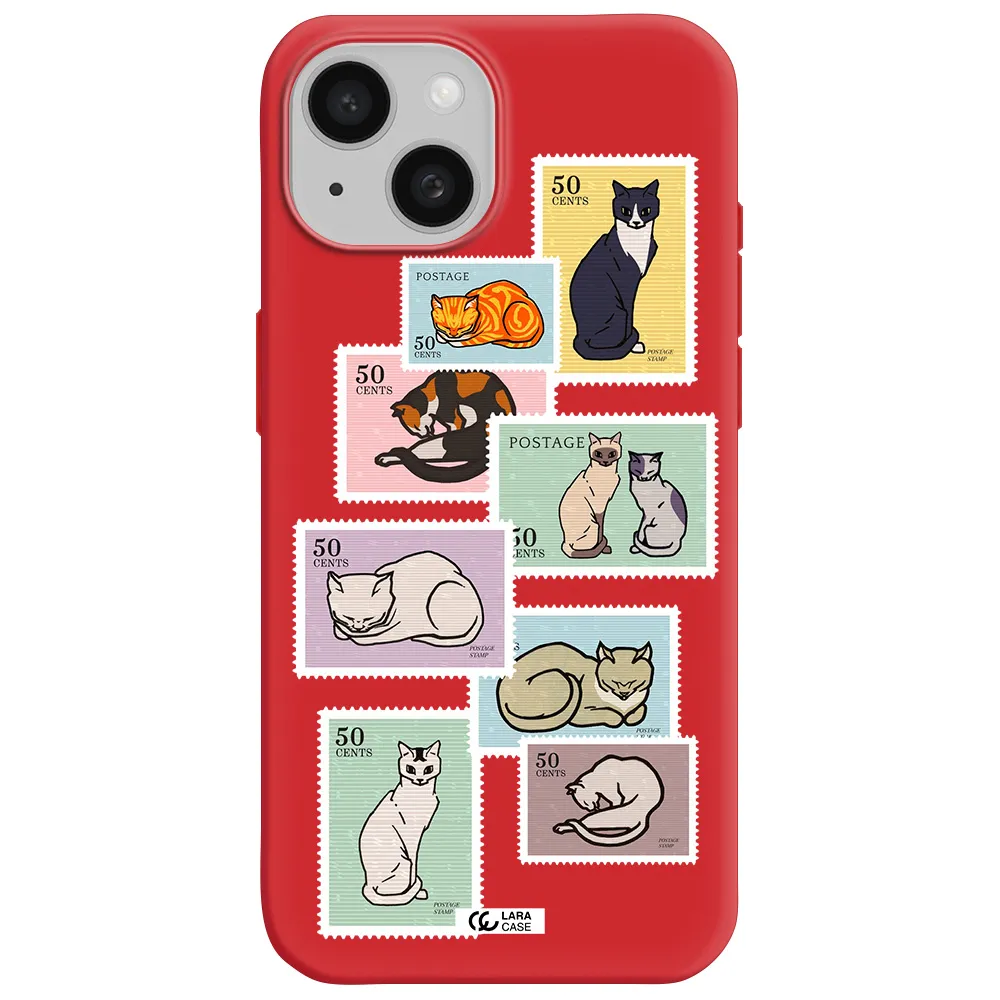 A Collage Of Cats On Stamps Apple Iphone 15 Silicone Imperial Red Case