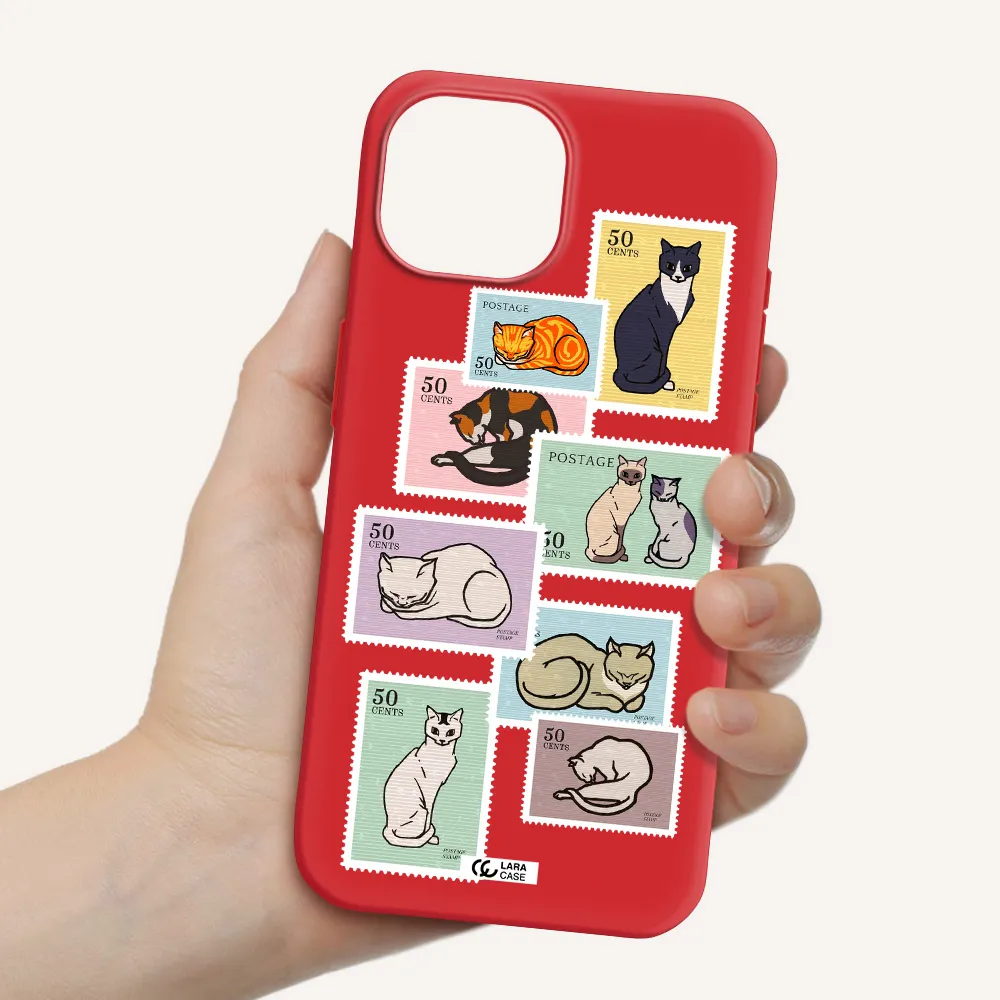 A Collage Of Cats On Stamps Apple Iphone 15 Silicone Imperial Red Case