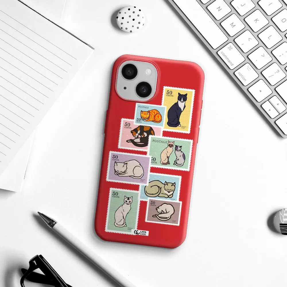 A Collage Of Cats On Stamps Apple Iphone 15 Silicone Imperial Red Case