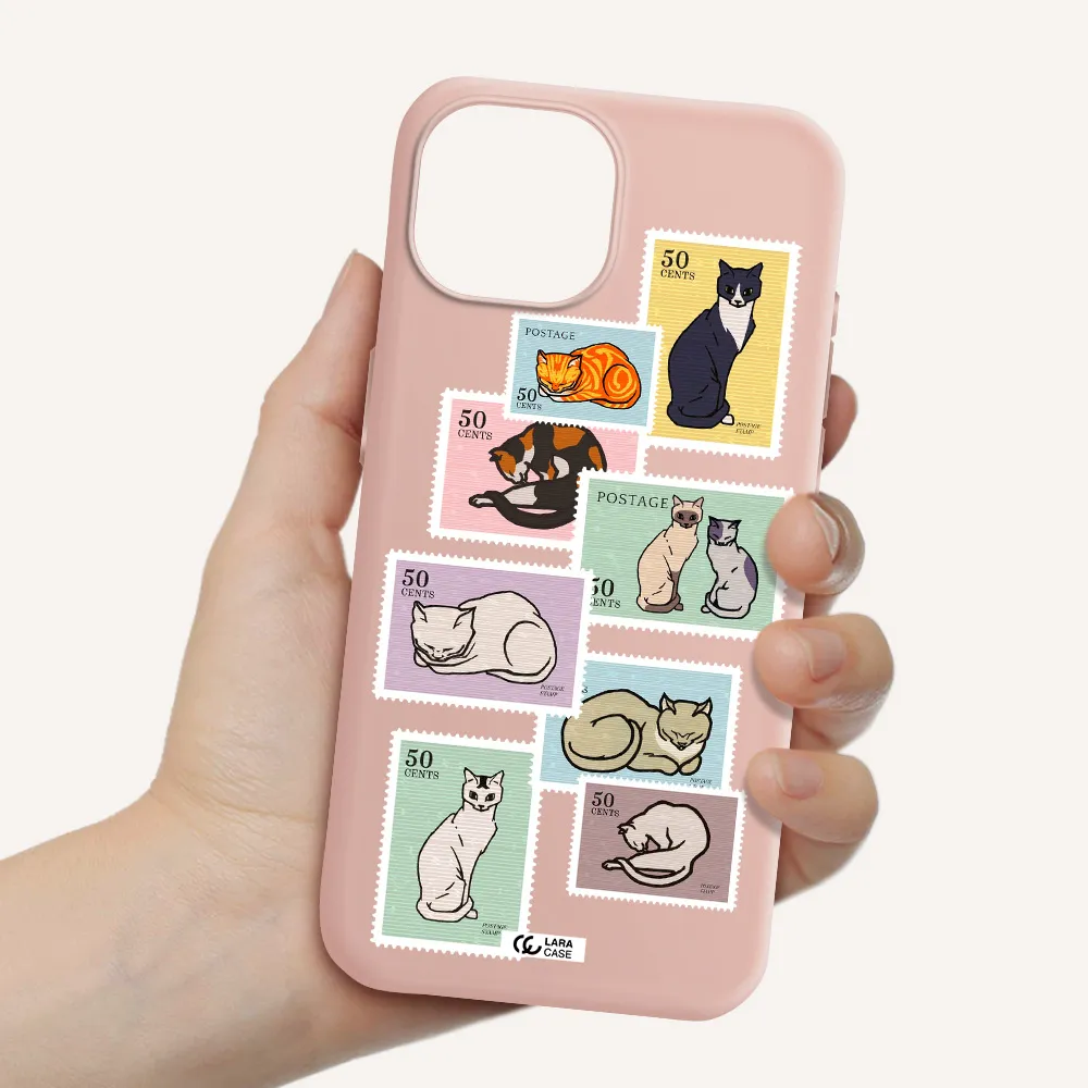 A Collage Of Cats On Stamps Apple Iphone 15 Silicone Pastel Pink Case