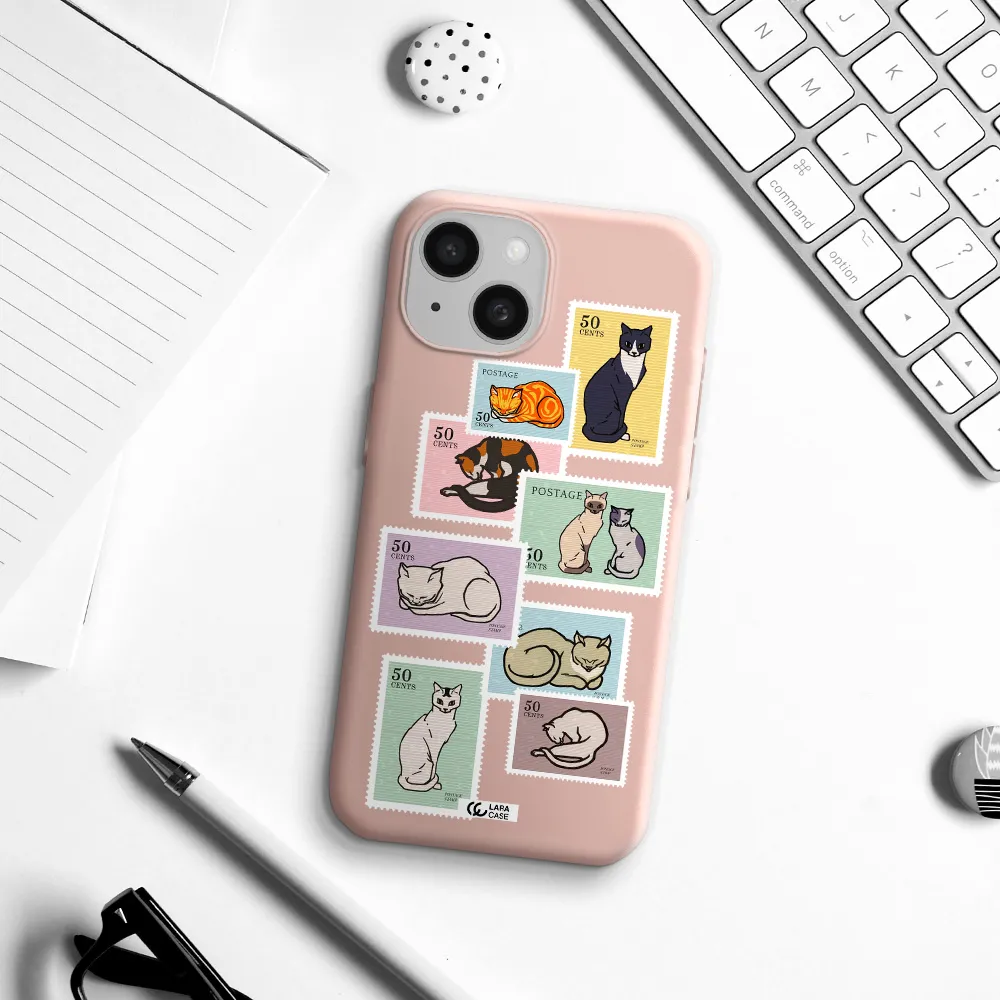 A Collage Of Cats On Stamps Apple Iphone 15 Silicone Pastel Pink Case