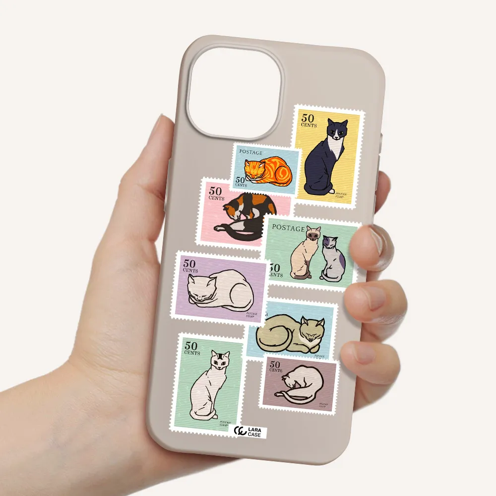a collage of cats on stamps Apple iPhone 15 Silicone Stone Case
