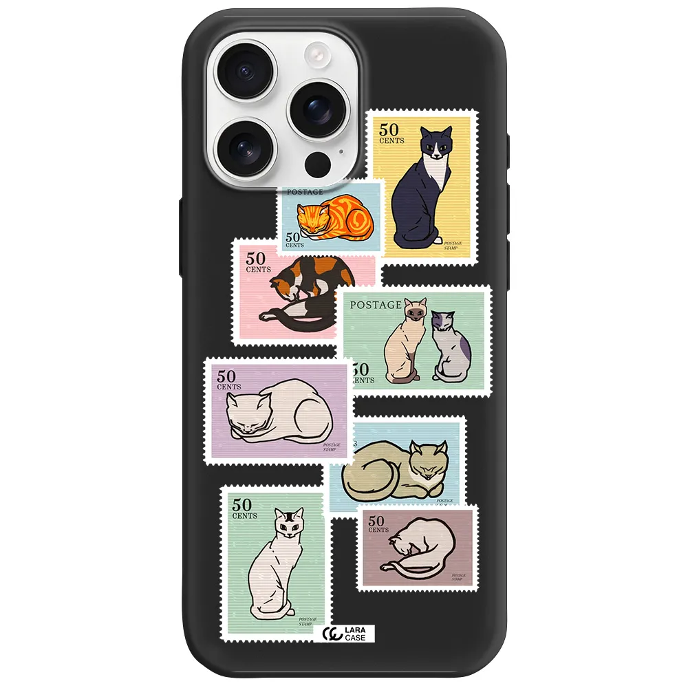 A Collage Of Cats On Stamps Apple Iphone 16 Pro Max Silicone Black Case