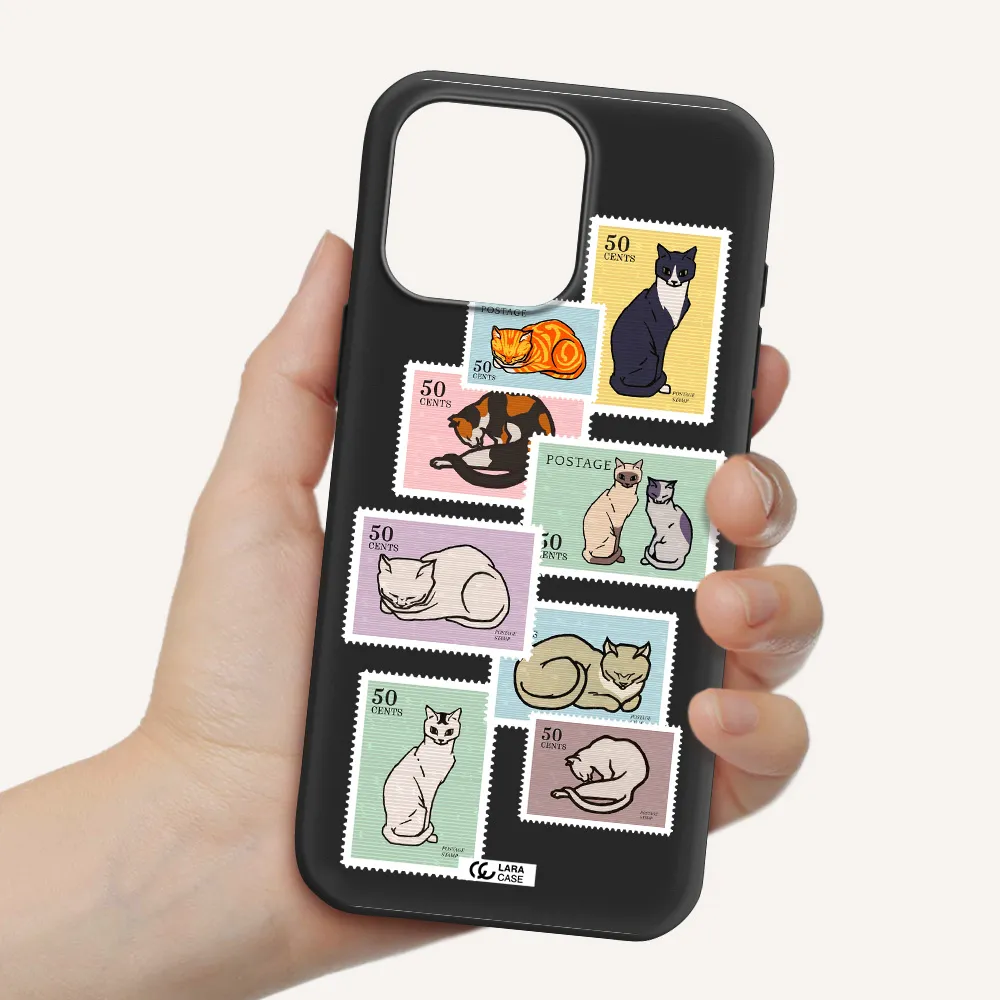 A Collage Of Cats On Stamps Apple Iphone 16 Pro Max Silicone Black Case