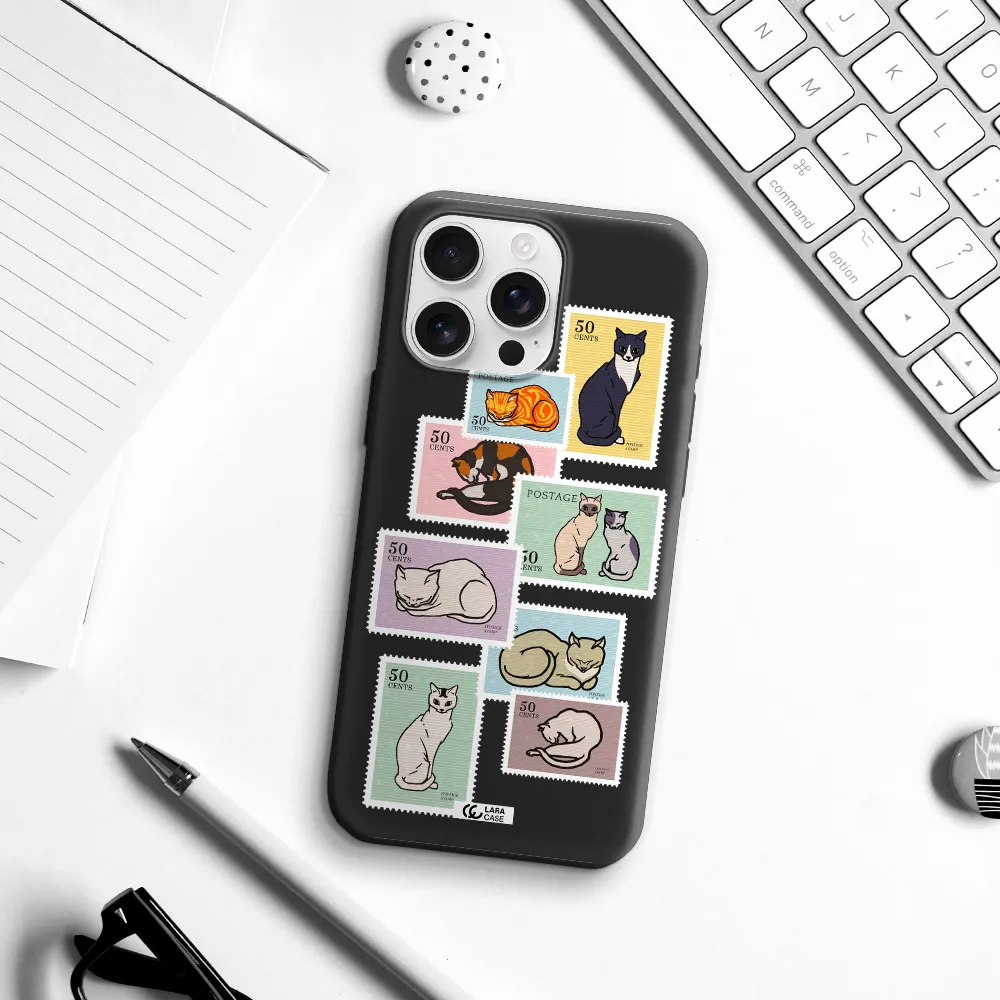 A Collage Of Cats On Stamps Apple Iphone 16 Pro Max Silicone Black Case