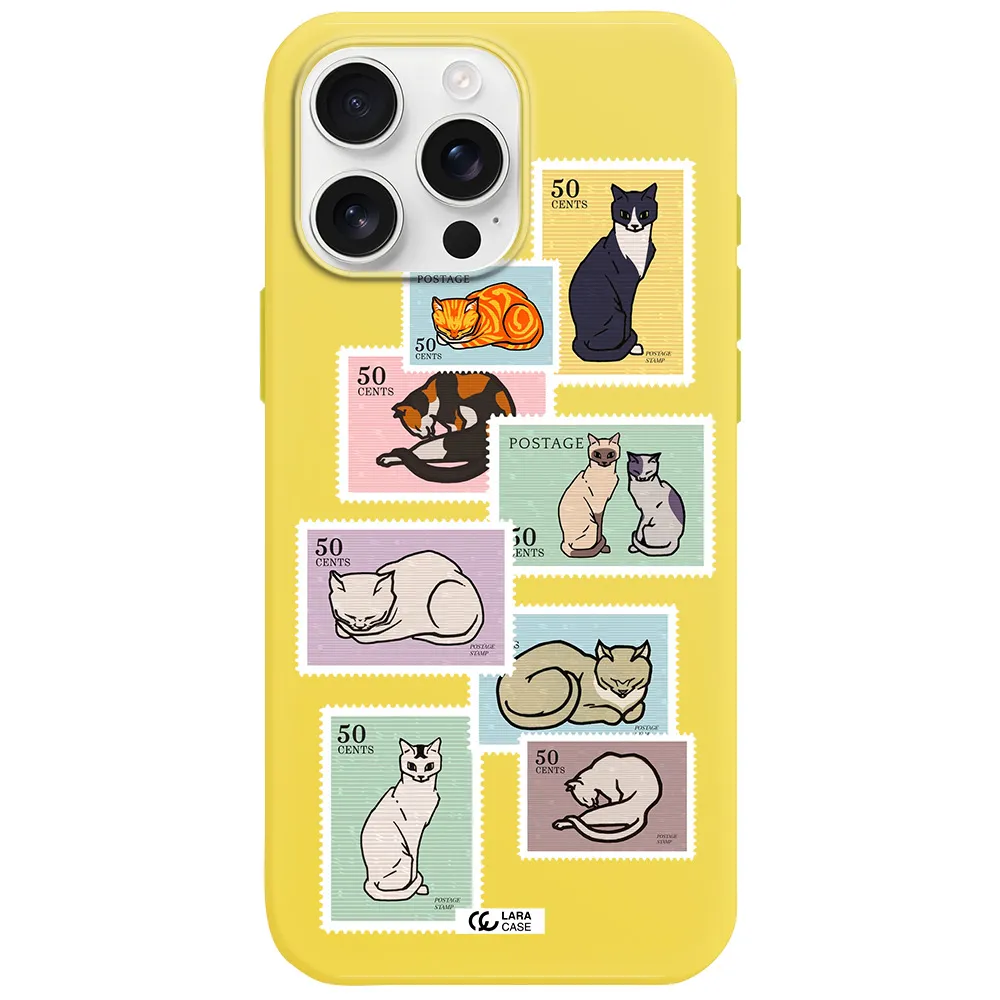A Collage Of Cats On Stamps Apple Iphone 16 Pro Max Silicone Canary Yellow Case