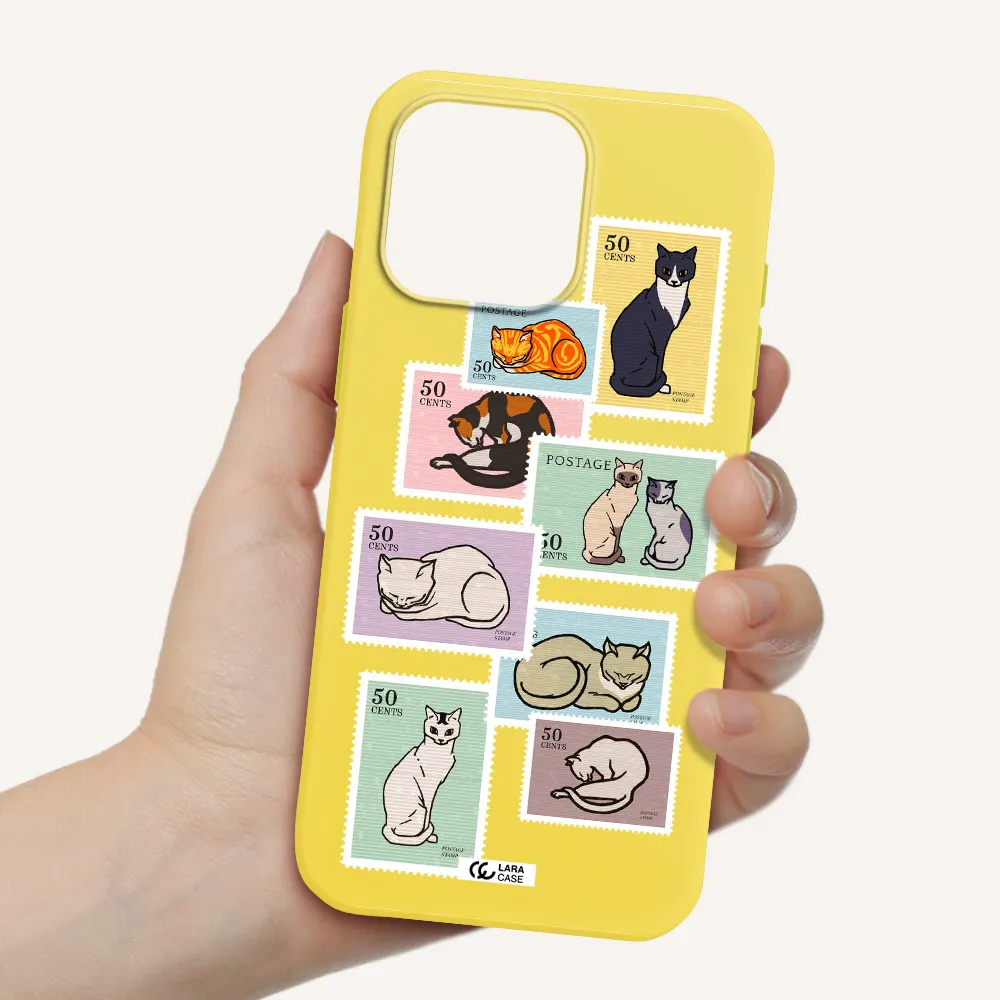 A Collage Of Cats On Stamps Apple Iphone 16 Pro Max Silicone Canary Yellow Case