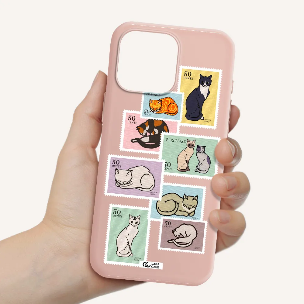 A Collage Of Cats On Stamps Apple Iphone 16 Pro Max Silicone Pastel Pink Case