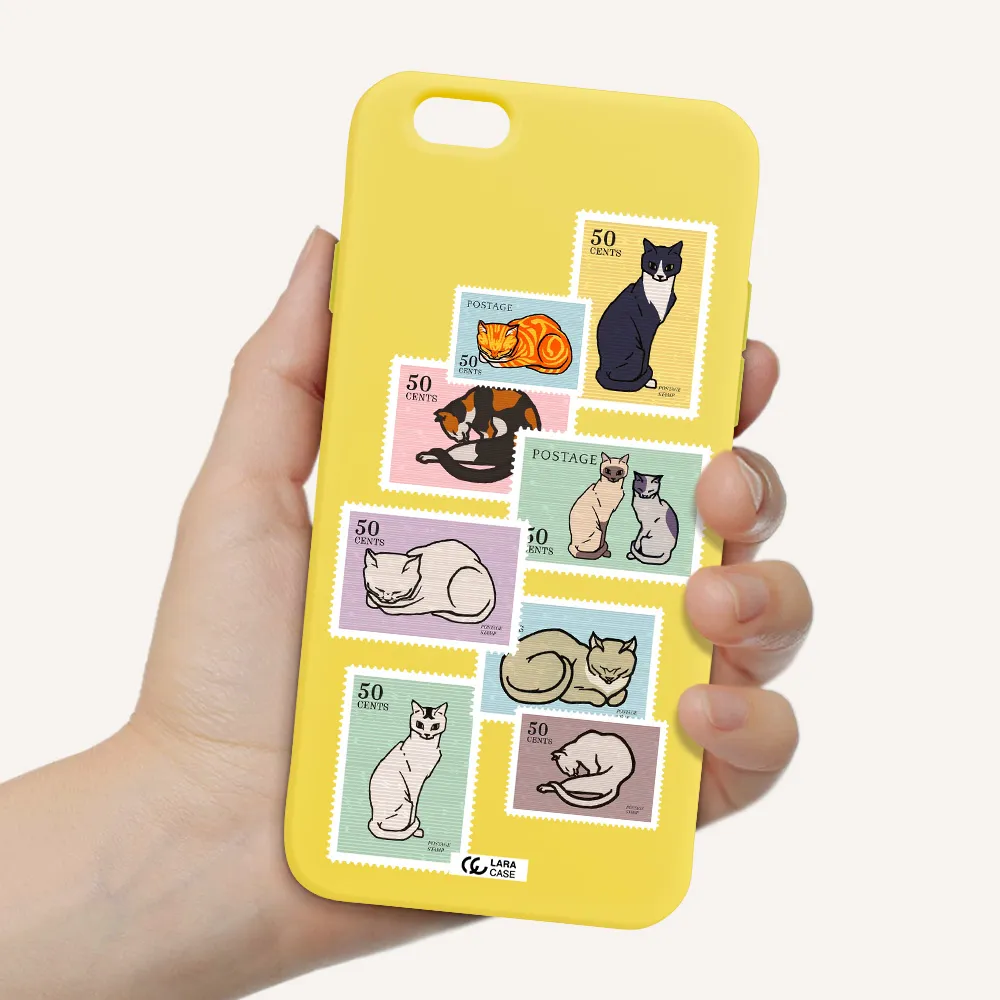 a collage of cats on stamps Apple iPhone 6 Silicone canary yellow Case