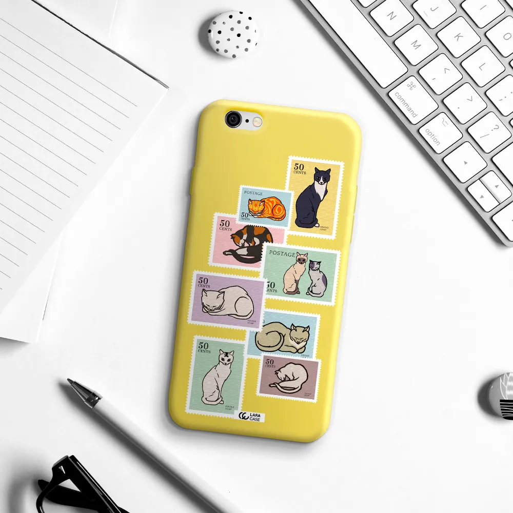 a collage of cats on stamps Apple iPhone 6 Silicone canary yellow Case