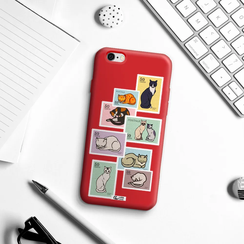 a collage of cats on stamps Apple iPhone 6 Silicone Imperial Red Case