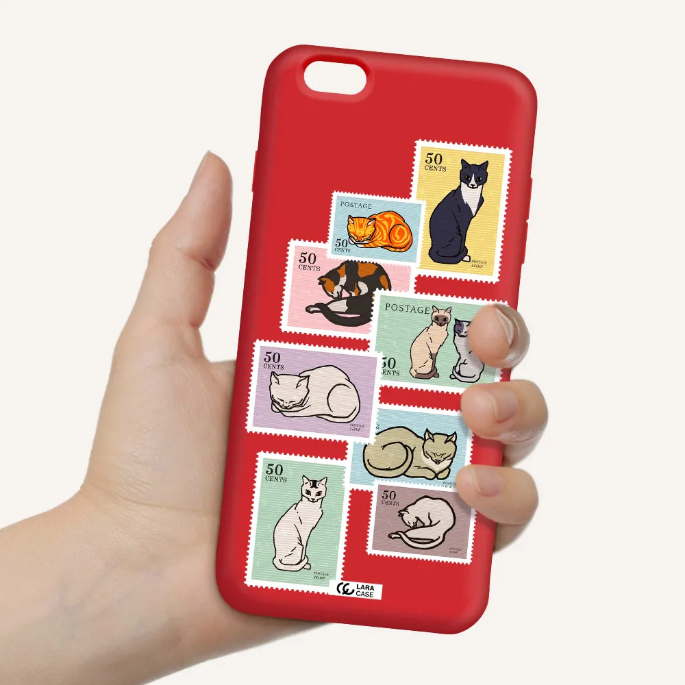 a collage of cats on stamps Apple iPhone 6S Silicone Imperial Red Case