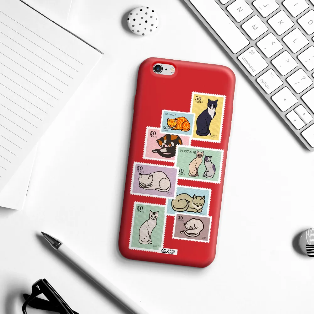 a collage of cats on stamps Apple iPhone 6S Silicone Imperial Red Case