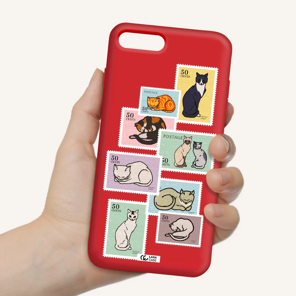 a collage of cats on stamps Apple iPhone 7 plus Silicone Imperial Red Case