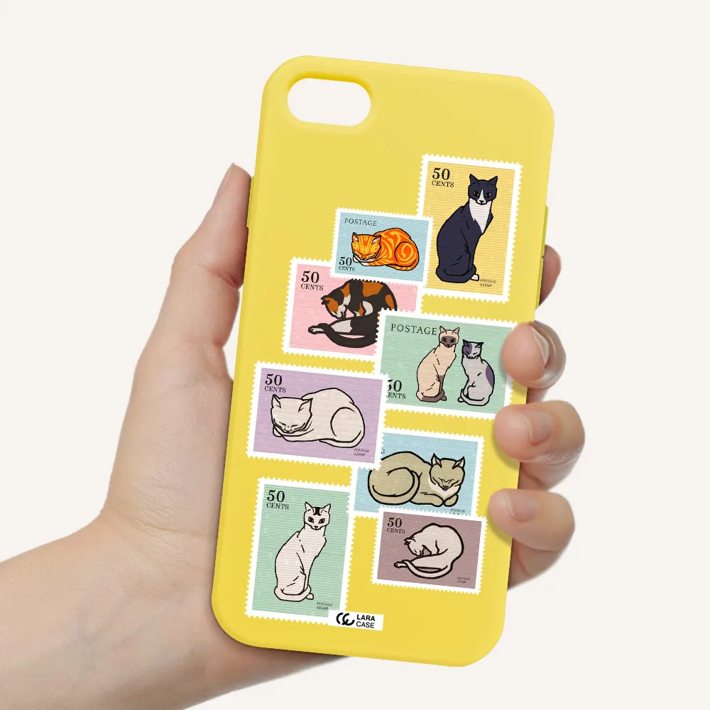 a collage of cats on stamps Apple iPhone 7 Silicone canary yellow Case