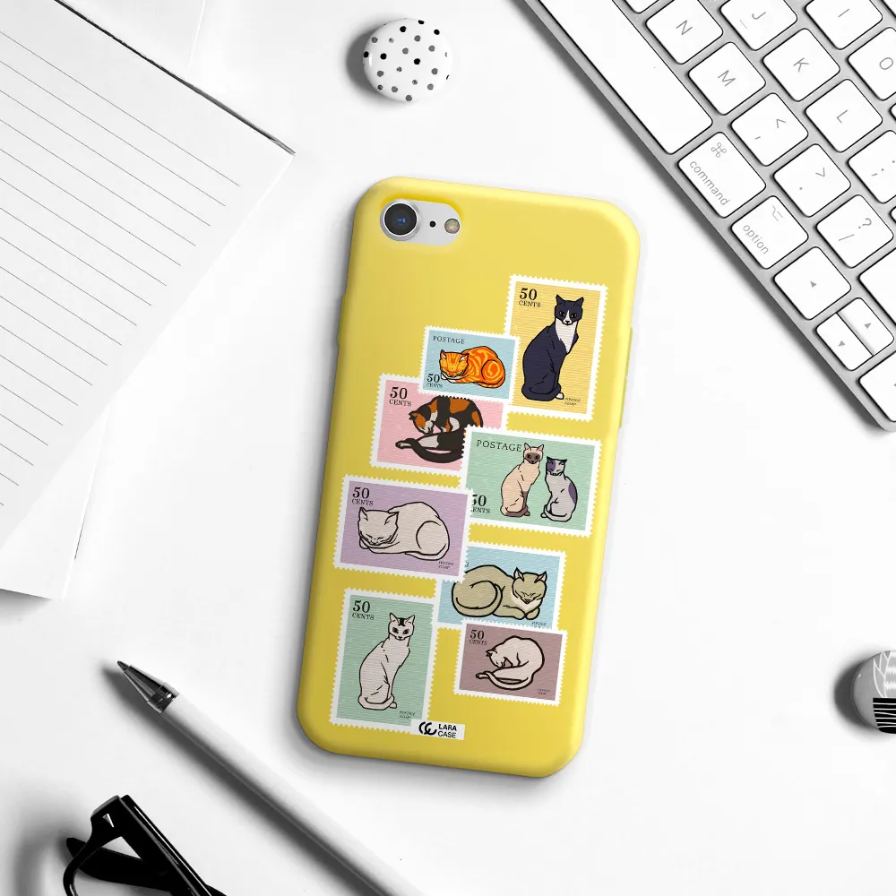 a collage of cats on stamps Apple iPhone 7 Silicone canary yellow Case