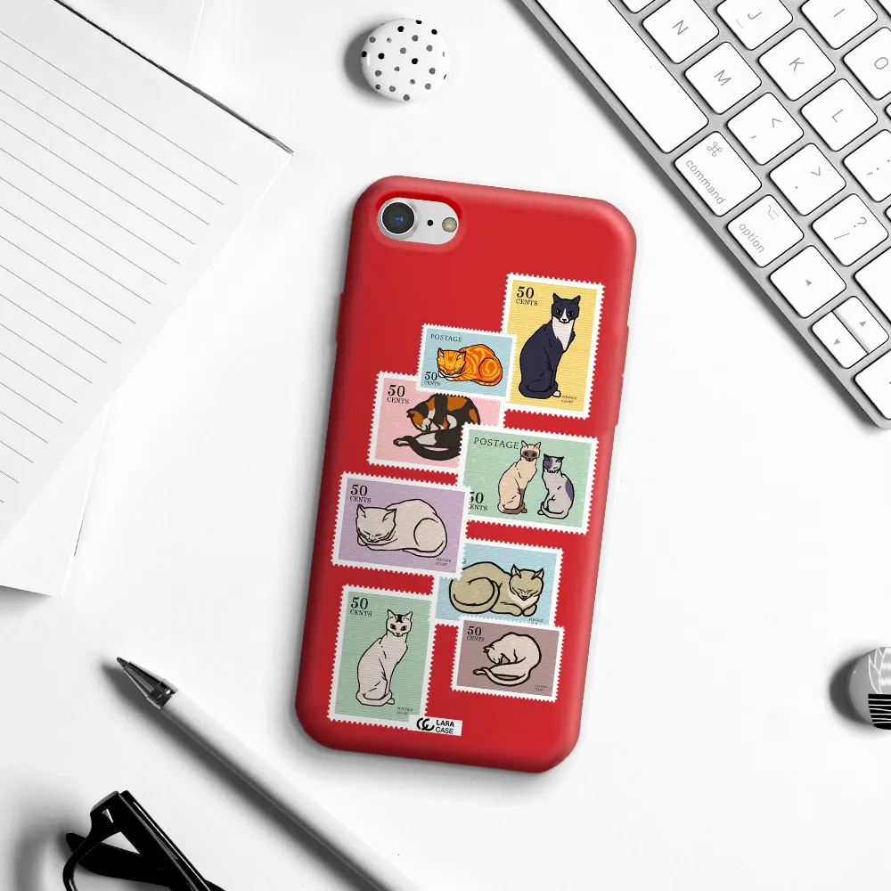 a collage of cats on stamps Apple iPhone 7 Silicone Imperial Red Case
