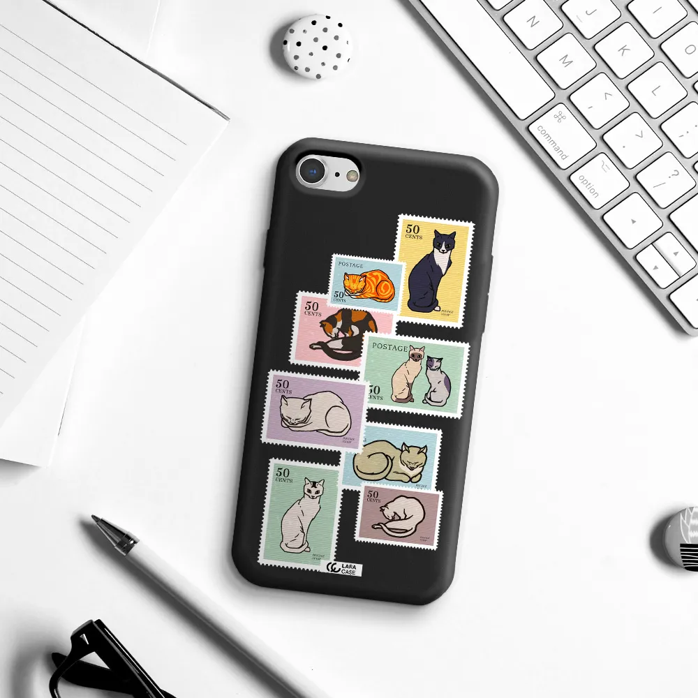 a collage of cats on stamps Apple iPhone 8 Silicone black Case