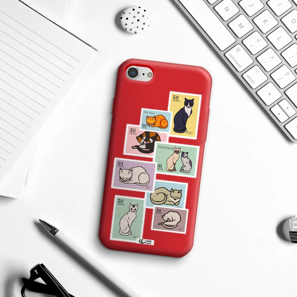 a collage of cats on stamps Apple iPhone 8 Silicone Imperial Red Case