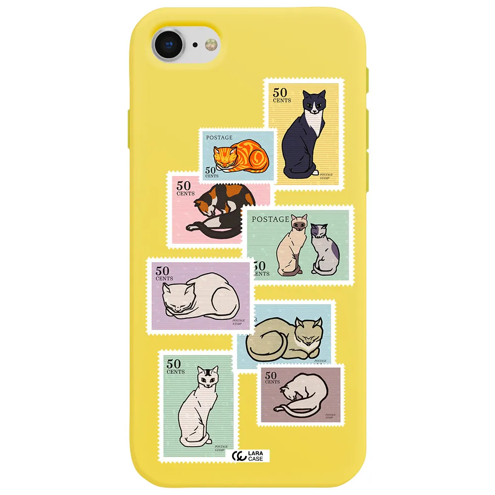 a collage of cats on stamps Apple iPhone se 2020 Silicone canary yellow Case