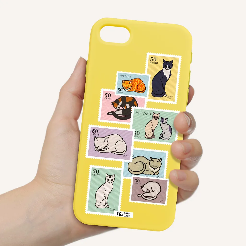 a collage of cats on stamps Apple iPhone se 2020 Silicone canary yellow Case