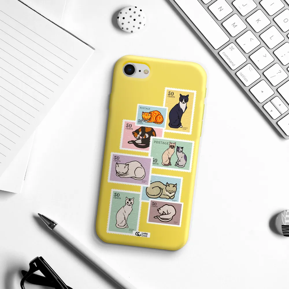 a collage of cats on stamps Apple iPhone se 2020 Silicone canary yellow Case