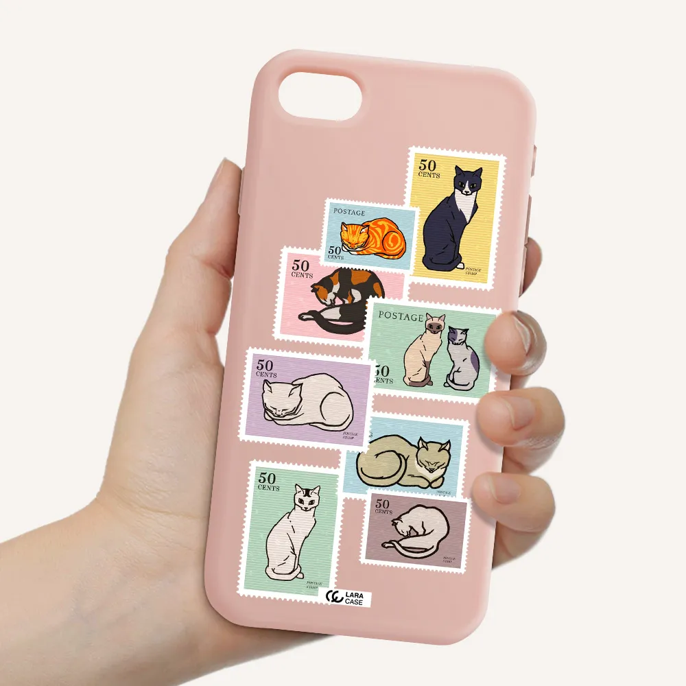 a collage of cats on stamps Apple iPhone se 2020 Silicone pastel pink Case