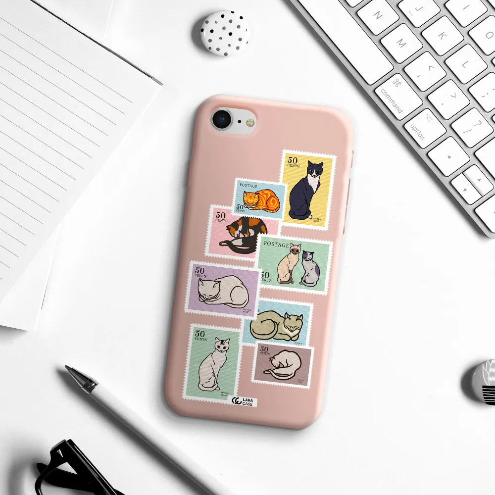 a collage of cats on stamps Apple iPhone se 2020 Silicone pastel pink Case