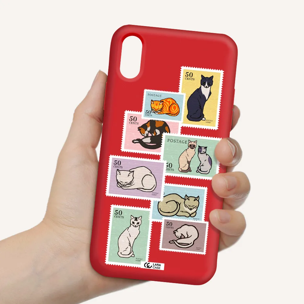 a collage of cats on stamps Apple iPhone X Silicone Imperial Red Case