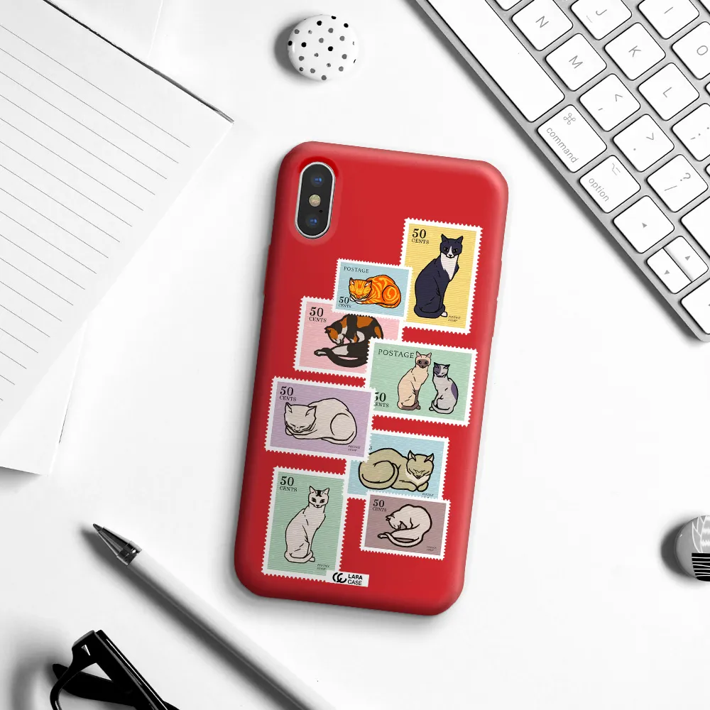 a collage of cats on stamps Apple iPhone X Silicone Imperial Red Case