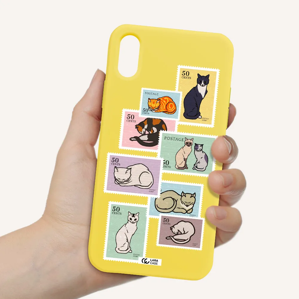 a collage of cats on stamps Apple iPhone XS Silicone canary yellow Case