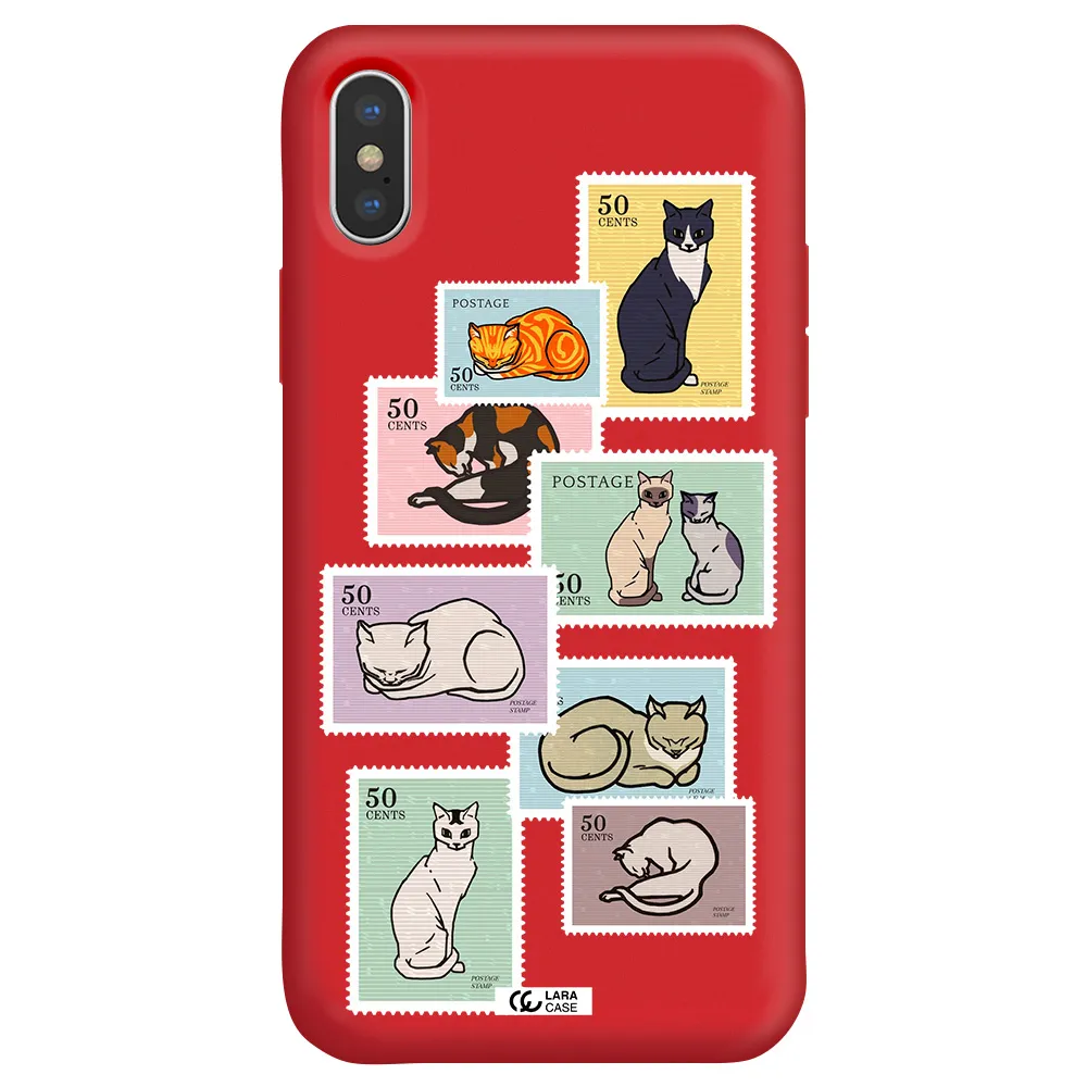 a collage of cats on stamps Apple iPhone XS Silicone Imperial Red Case