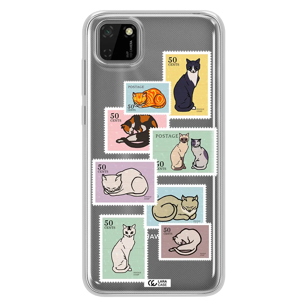 A Collage Of Cats On Stamps Huawei Y5P Clear Tpu Case