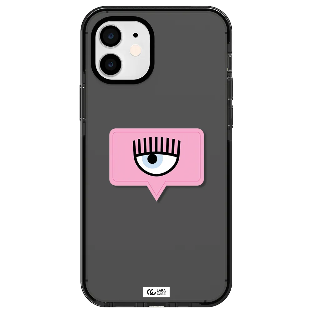 a pink chat bubble with eye and eyelashes Apple iPhone 11 impact Smoke Black Case