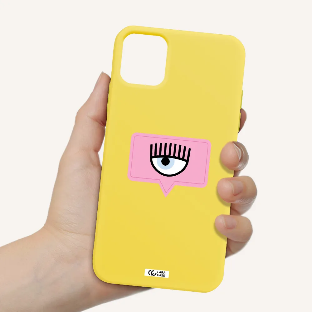 a pink chat bubble with eye and eyelashes Apple iPhone 11 Silicone canary yellow Case