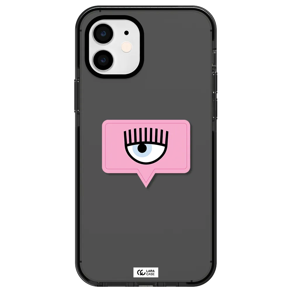 a pink chat bubble with eye and eyelashes Apple iPhone 12 impact Smoke Black Case