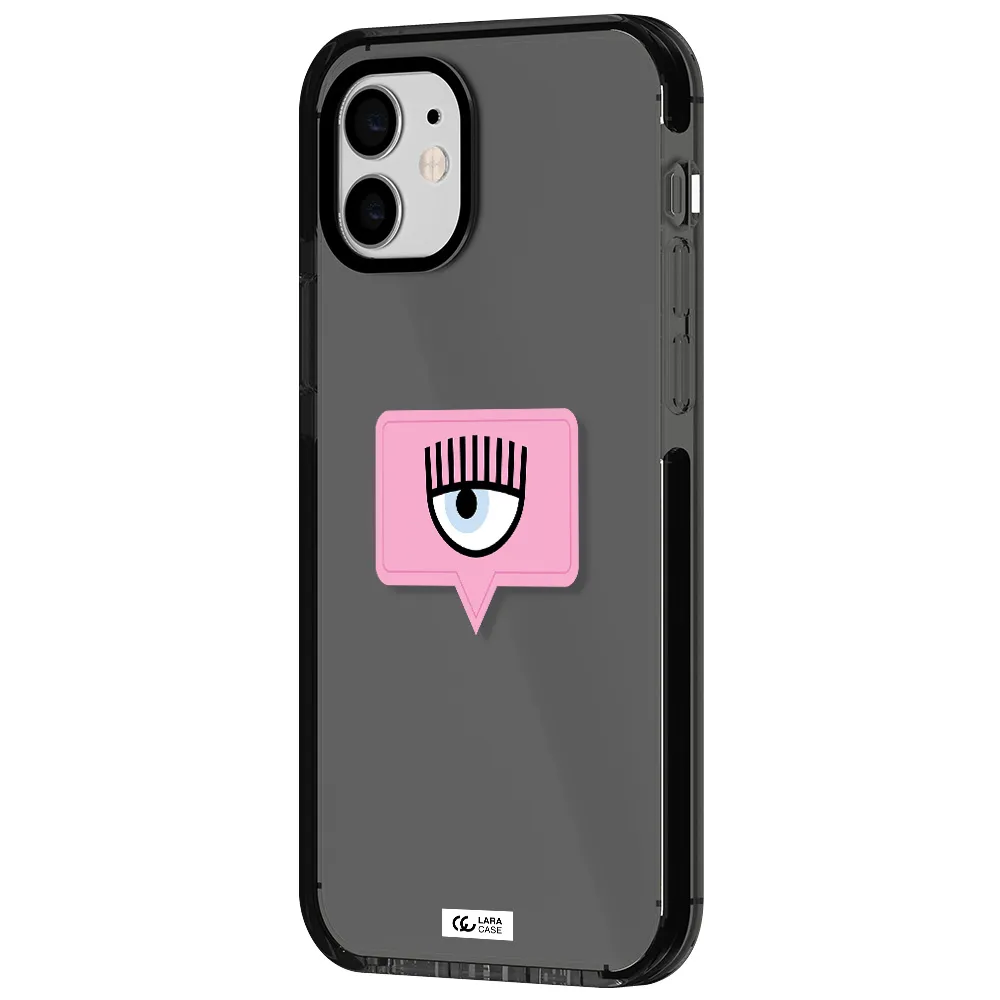 a pink chat bubble with eye and eyelashes Apple iPhone 12 impact Smoke Black Case