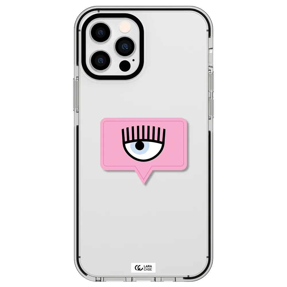 a pink chat bubble with eye and eyelashes Apple iPhone 12 pro impact black border Case